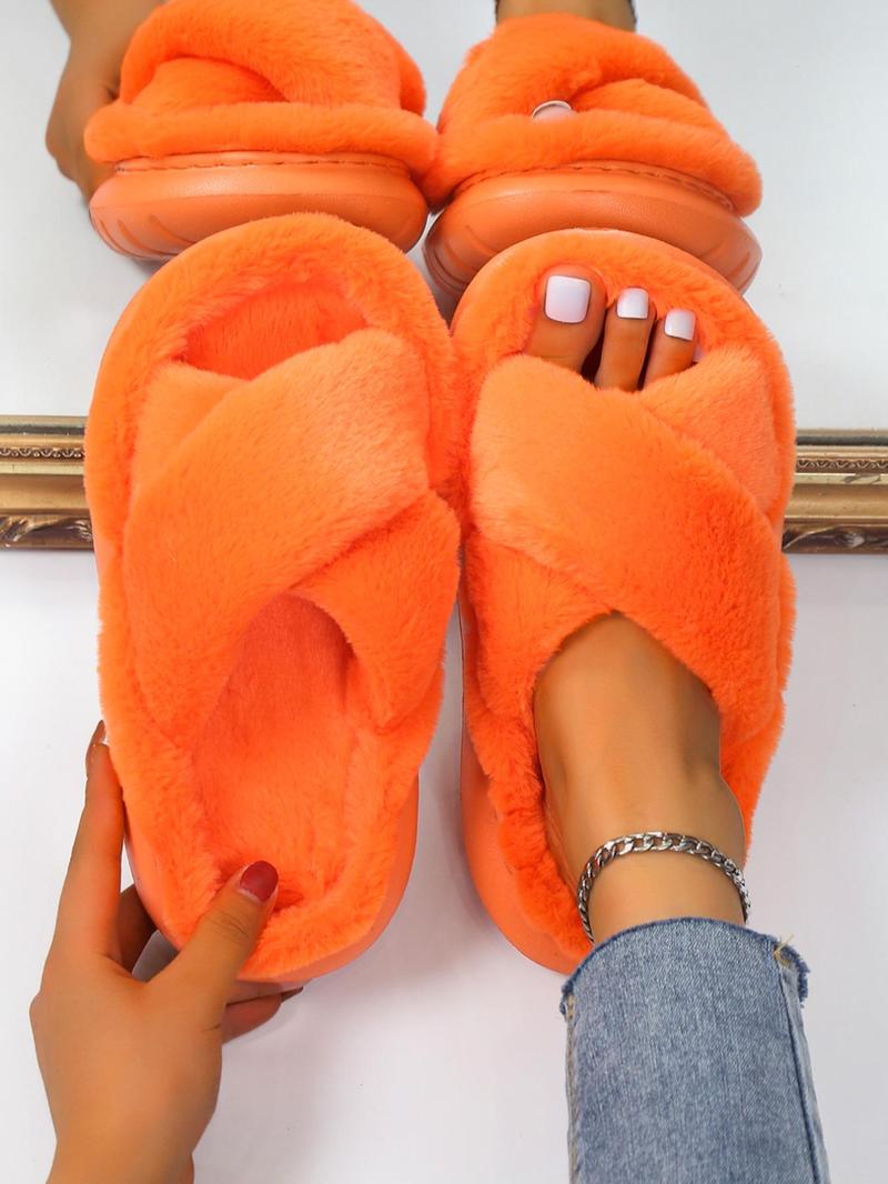 Solid Color Criss Cross Design Fluffy Slippers, Cross Strap Slippers, Casual Comfortable Silent Anti-slip House Slippers for Fall & Winter Indoor and Outdoor Wear, Fall Outfits, Fall Freshness, Footwear