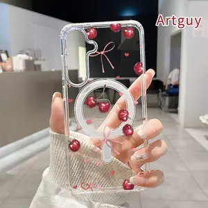 Magnetic Soft Case for Samsung Galaxy S26 Edge S23 Ultra S24 Plus FE S25 S22+ Cherry Bow Heart Pattern Anti-Yellowing Shockproof ultra-thin Silicone Crystal Transparent Acrylic Large Hole Cover Supports Wireless Charging