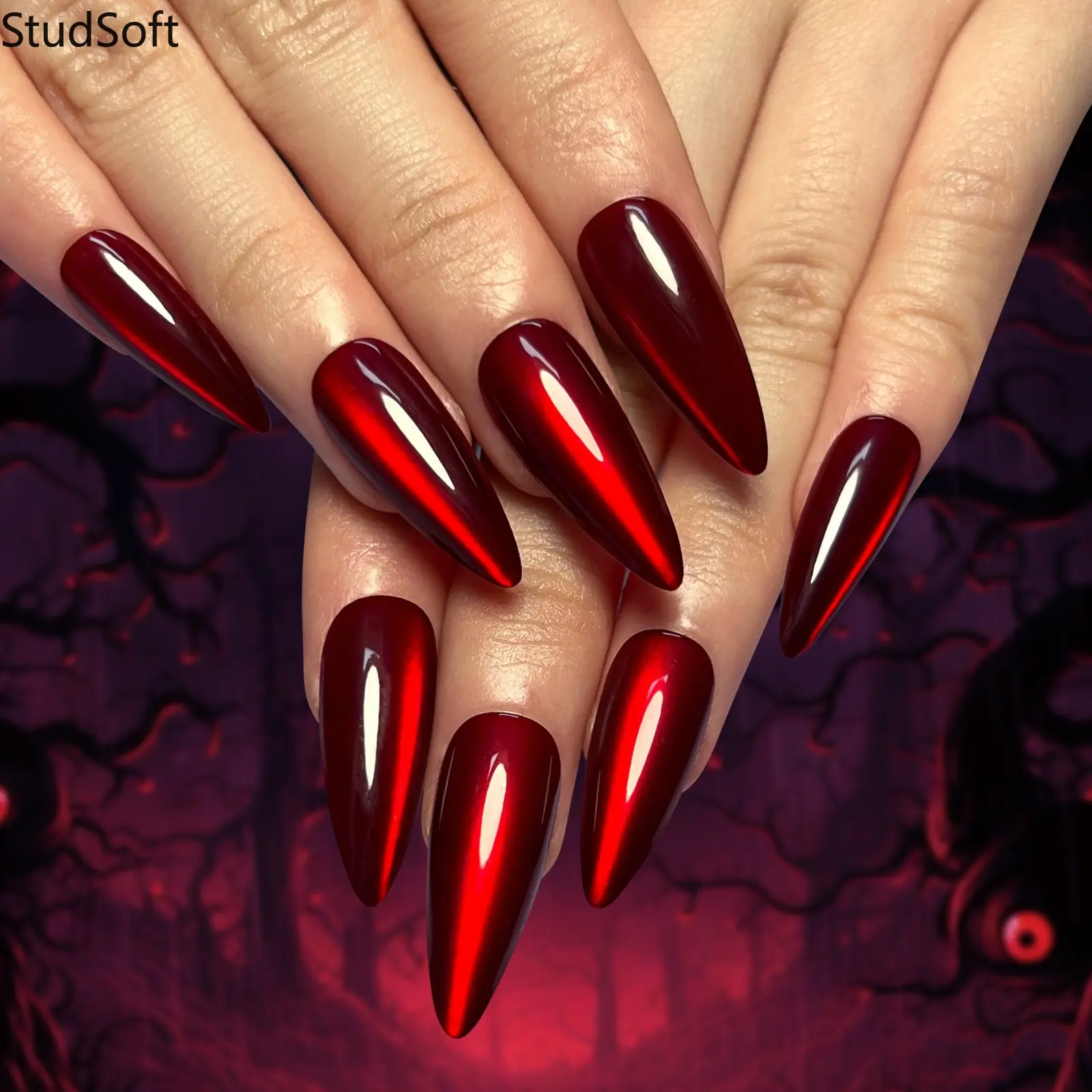 30PCS Red Black Cat Eye Press on Nails Ombre Magnetic Fake Nails Full Cover Long Stiletto Molten Chrome Artificial False Fingernails Gothic Party, Party Wear, False Nails