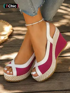 Women's Cross Strap Fish Mouth Wedge Sandals, Back Tie Straw Thick Sole Colorblock Waterproof Heel Beach Shoes, Stylish Summer Footwear