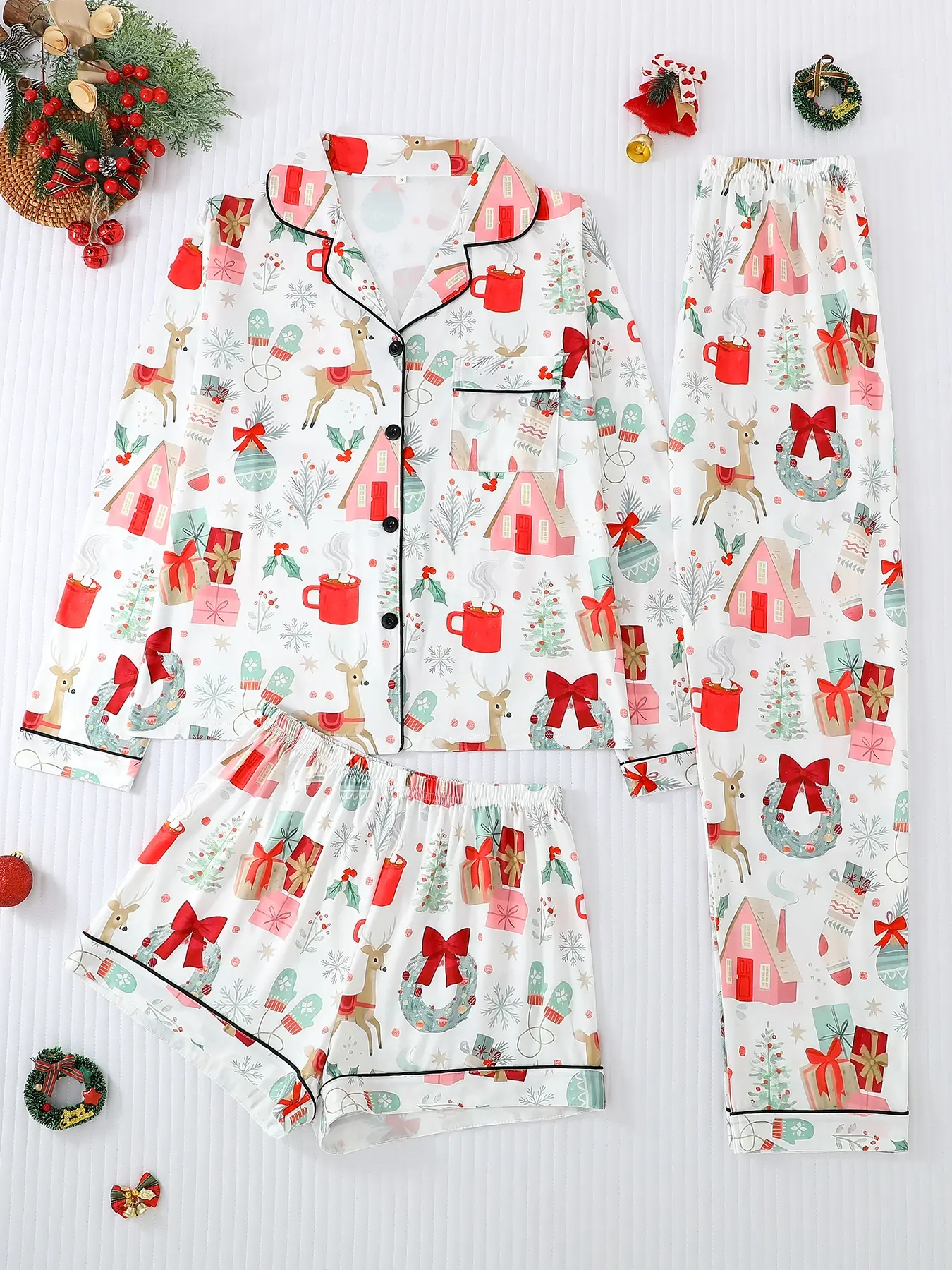 Women's Christmas Pajama Set, Long Sleeve Top & Bottoms, Casual Loose Fit Sleepwear, All Season Comfortable Loungewear Gift Idea
