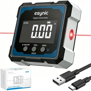eSynic High Precision Digital Angle Finder with Laser-USB-C Rechargeable-4 Sides Magnetic Digital Angle Gauge-Rugged Aluminum Alloy Frame-for Construction (Laser Level: Class II Output: 0.51mW)