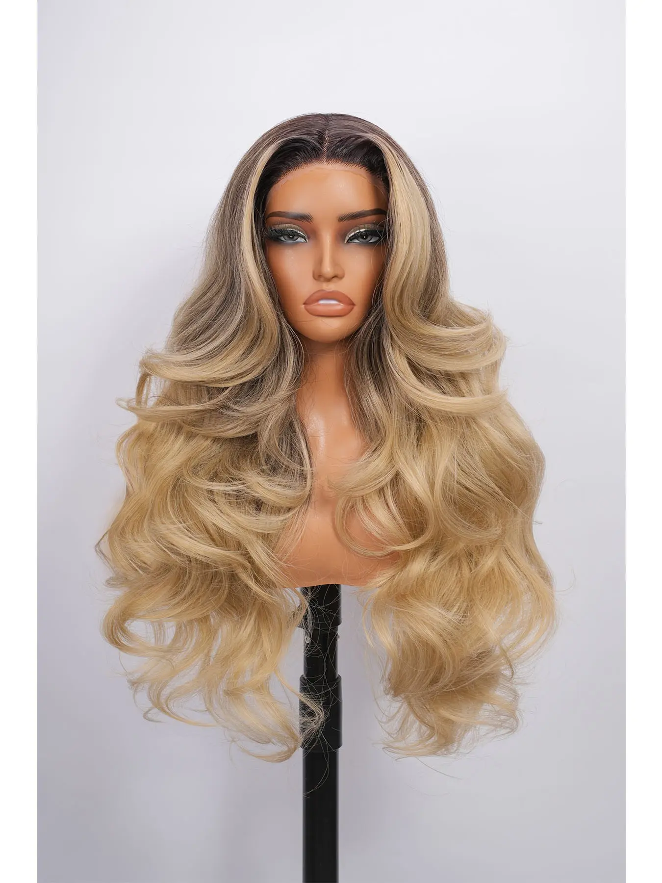 Rooted Ombre Blonde Body Wave Lace Front Wig 13x4x1 T part HD Lace Pre-Plucked with Baby Hair 28 Inch Long Wavy Wig Brown with HIghlights Heat Resistant Synthetic Wig for Women Glueless Daily Wear