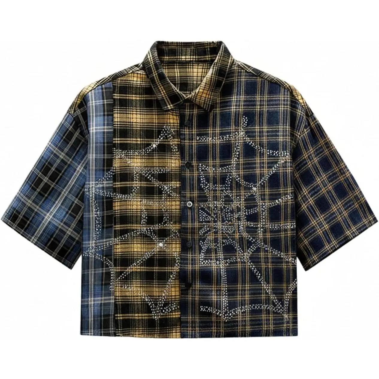 Verdusa Men's Rhinestone Plaid Cropped Shirt Drop Shoulder Short Sleeve Boxy Y2K Crop Tops Streetwear