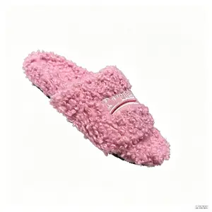 Ladies Fluffy Plush Curly Faux Fur Open Back Slide Slippers, Cute Pink Embroidered Letter Striped Decor Slip On Slippers, Anti-Slip Durable Outsole Warm Cozy Indoor Bedroom & Quick Errands Outdoor Loungewear Footwear