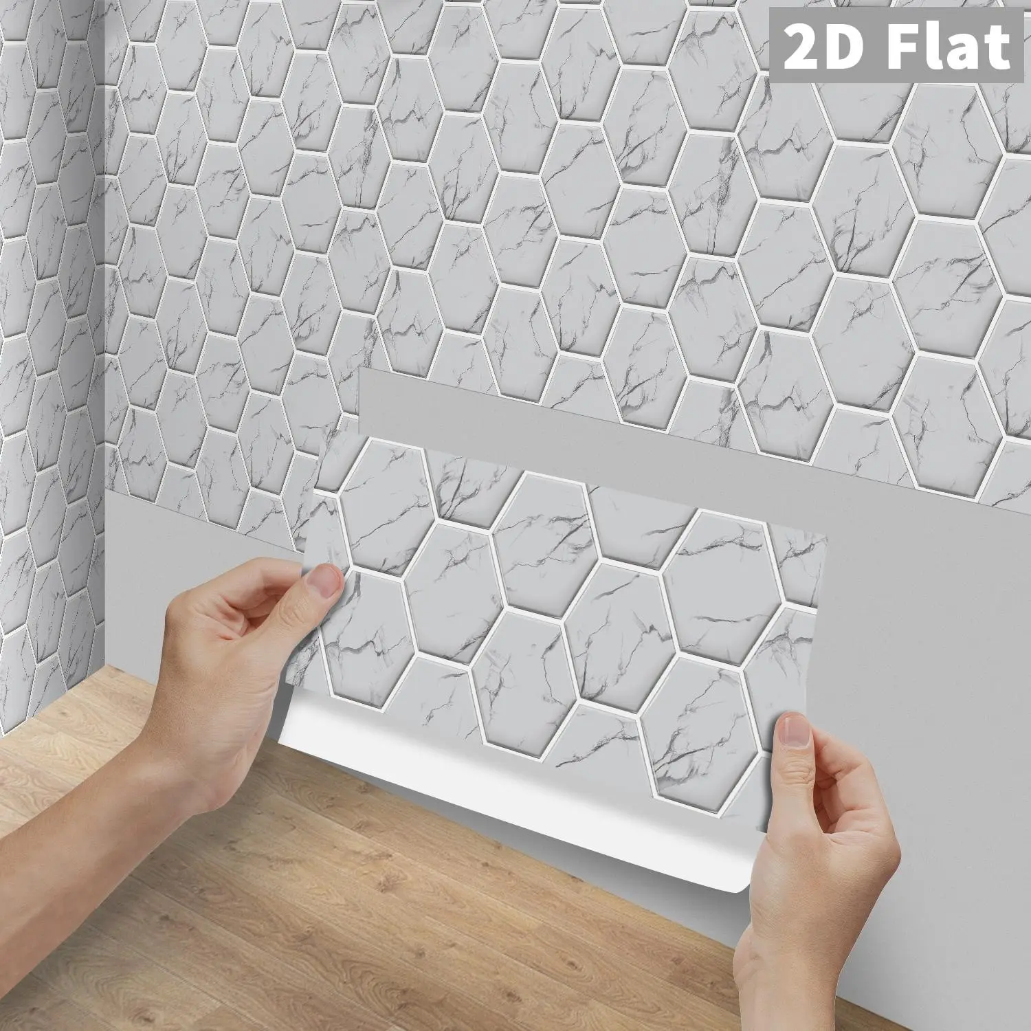 6/12/24/48Pcs FG Retro Tile Stickers, White Marble Hexagon Mosaic PVC Crystal Film Peel & Stick Backsplash, DIY Self-Adhesive Waterproof Oilproof Decor for Kitchen, Bathroom, Tile & Wood Floor, Decorative Floor Sticker