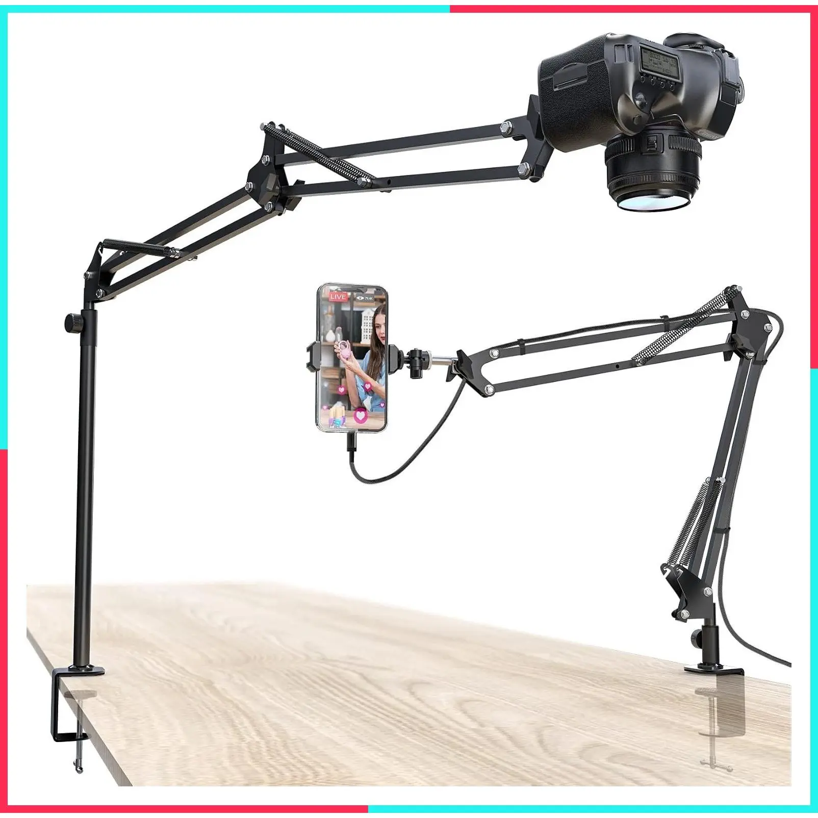 Overhead Camera Mount with Articulating Arm, 5lb Load Capacity, 360° Adjustable Stand for Phone/DSLR/Webcam, C-Clamp Tabletop Mount for Video Recording, YouTube, Live Streaming