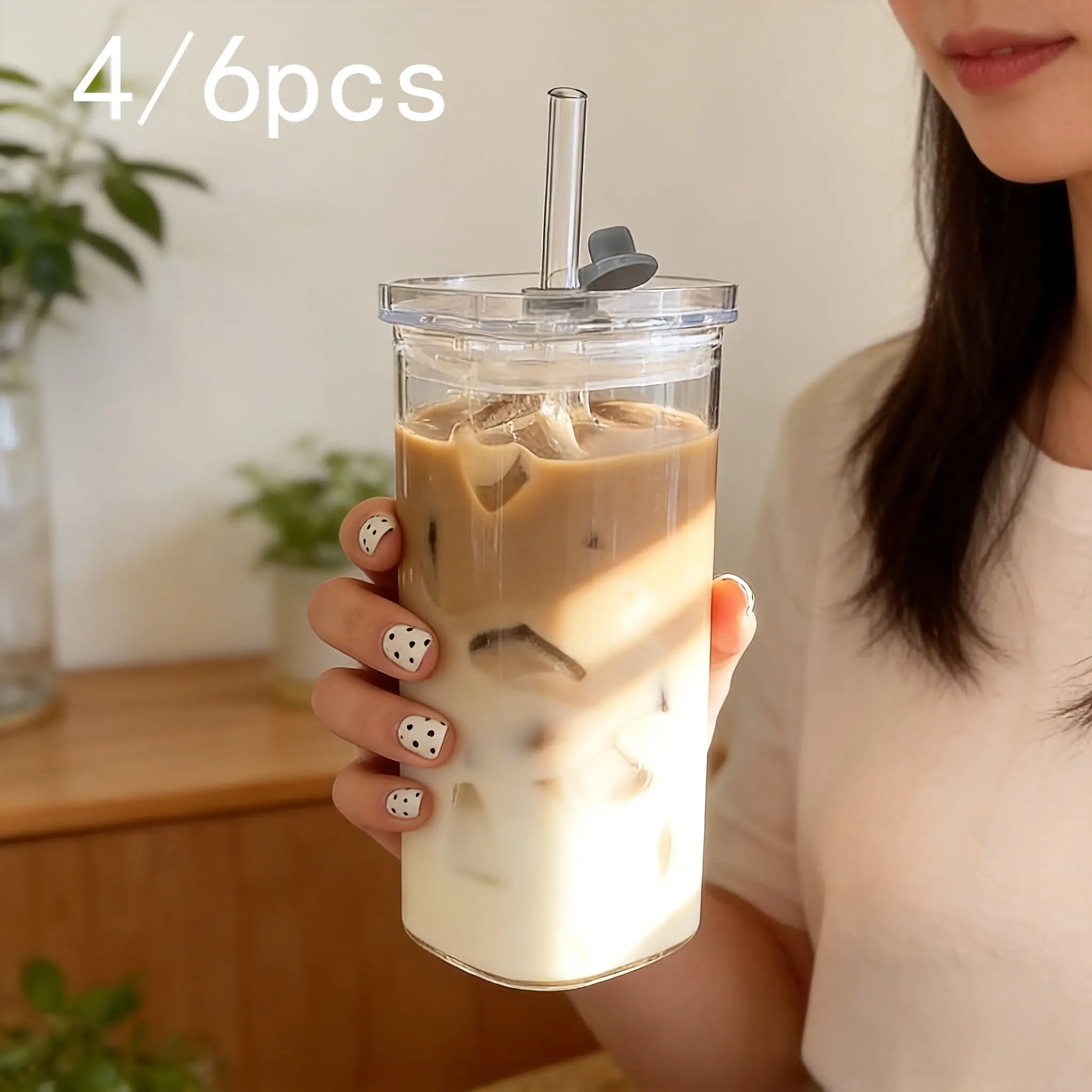 4/6pcs Square Glass Cups with Straw and Lid, Glass Tumbler with Straw and Lid, Portable Drinkware, Non-Slip Design, Detachable Lid, Reusable, Heat-Resistant, Ideal for Coffee and Milk Tea, Perfect Gift