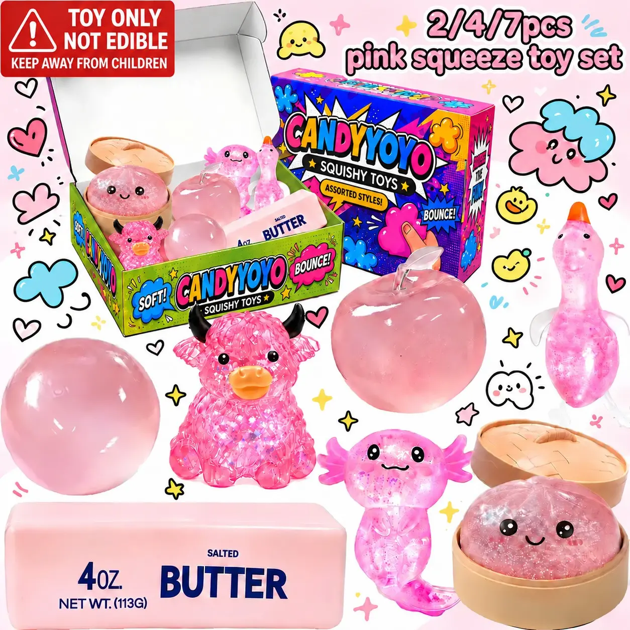 2/4/7 Pack Pink Series Glitter Squeeze Stress Relief Toys, Stress Relief Fidgets, Sensory Fidget Balls, Apple Round Ball Flash Powder Salamander Duck Squishy Toys, Glittery Squishies, Ideal Birthday & Party Gifts for Kids Adults