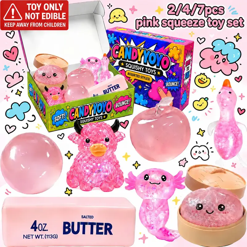 2/4/7 Pack Pink Series Glitter Squeeze Stress Relief Toys, Stress Relief Fidgets, Soft Portable Sensory Fidget Balls, Apple Round Ball Squishy Toys, Glittery Squishies, Ideal Birthday & Party Gifts for Kids Adults