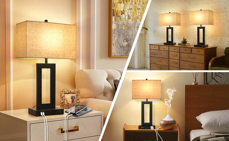 2Pc Touch Control Table Lamp with 2 USB Ports, 3-Way Dimmable Modern Nightstand Lamp Sets Bedside Touch Desk Lamp with Fabric Cream Shade For Bedroom Table Living Room Reading, Included Bulbs