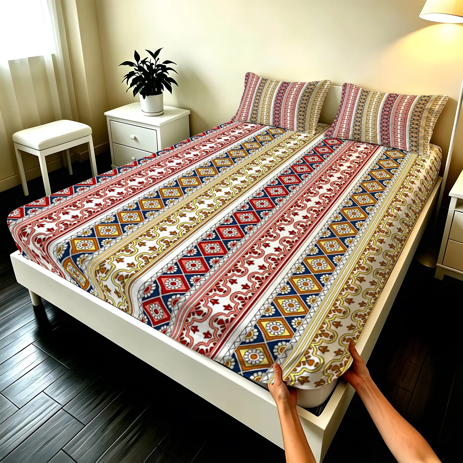 3pcs Fitted sheet Bohemian Geometric Striped Pattern Bedding Set Soft Microfiber Wrinkle Resistant Fade Proof Breathable Comfortable Fitted Sheet Set for Bedroom Hotel Home Twin Full Queen King Size Bedding Sheets