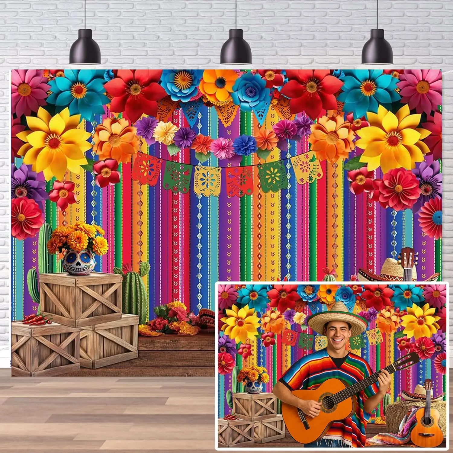 7x5ft Mexican Party Decorations Mexican Theme Backdrop Fiesta Photo Backdrop Cinco De Mayo Carnival Colorful Flags Striped Floral Banner Table Decor Background