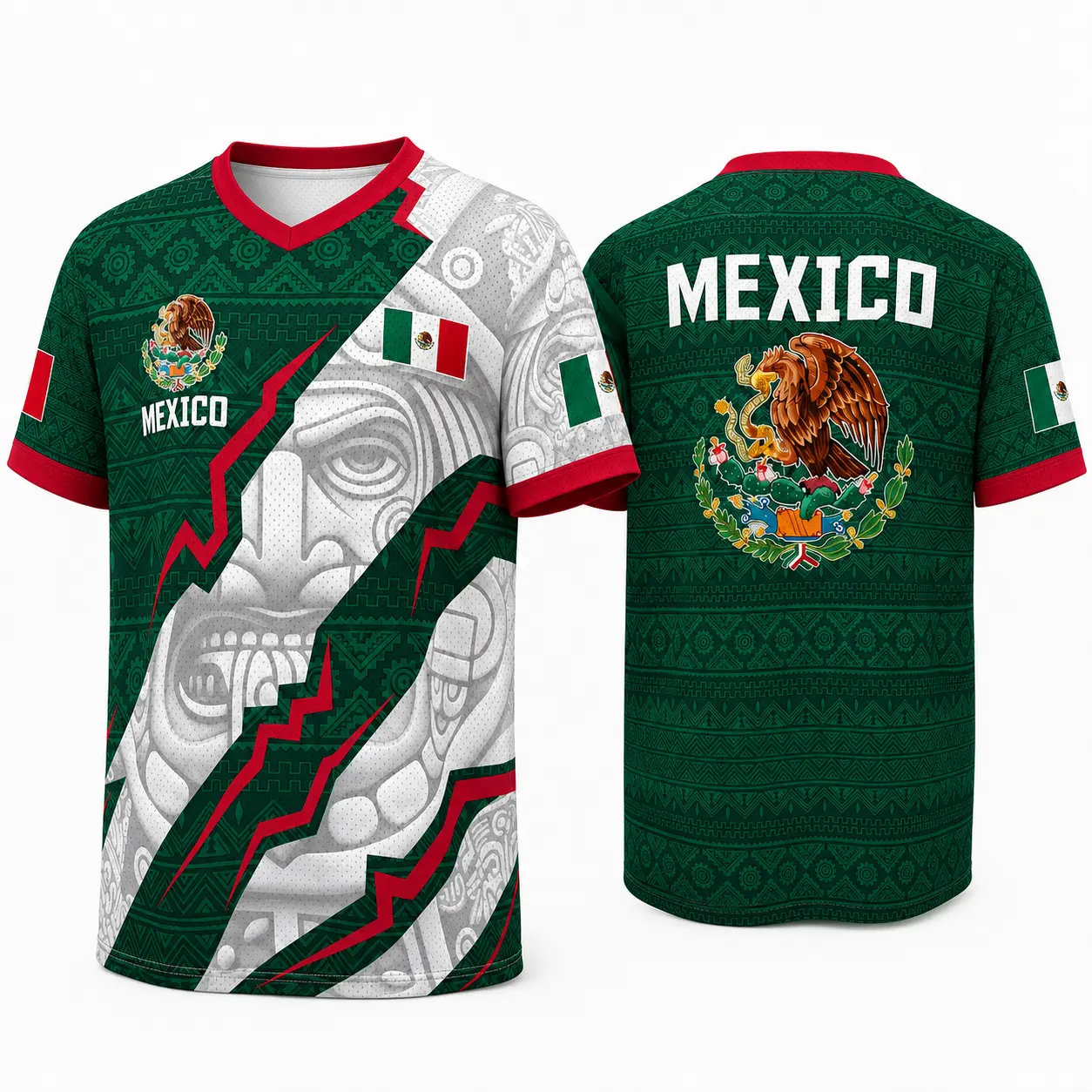 Men's Athletic V-Neck Shirt, Breathable Graphic Top with Mexico-Inspired Aztec Mask and Eagle Emblem for Party & Casual Wear, Athletic Clothes, Bold Athletic Tee tiktokshopbacktoschool