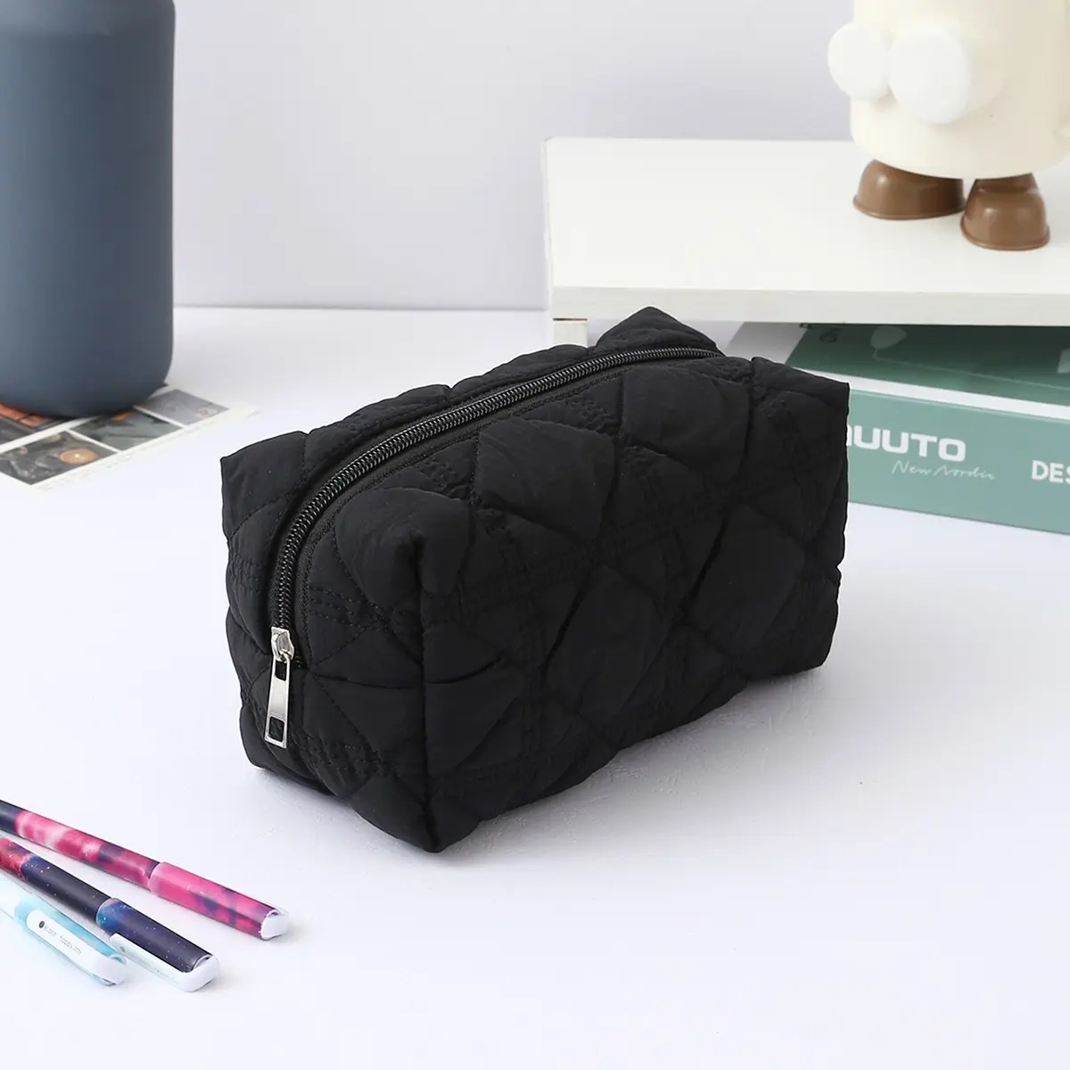 Quilted Pencil Case with Large Capacity, Soft Padded Zipper Pouch in a Simple solid color style, Portable Pen and Stationery Organizer for School, Classroom, Office, Desk Storage, Travel Accessories, Writing Accessories and Everyday Study Supplies