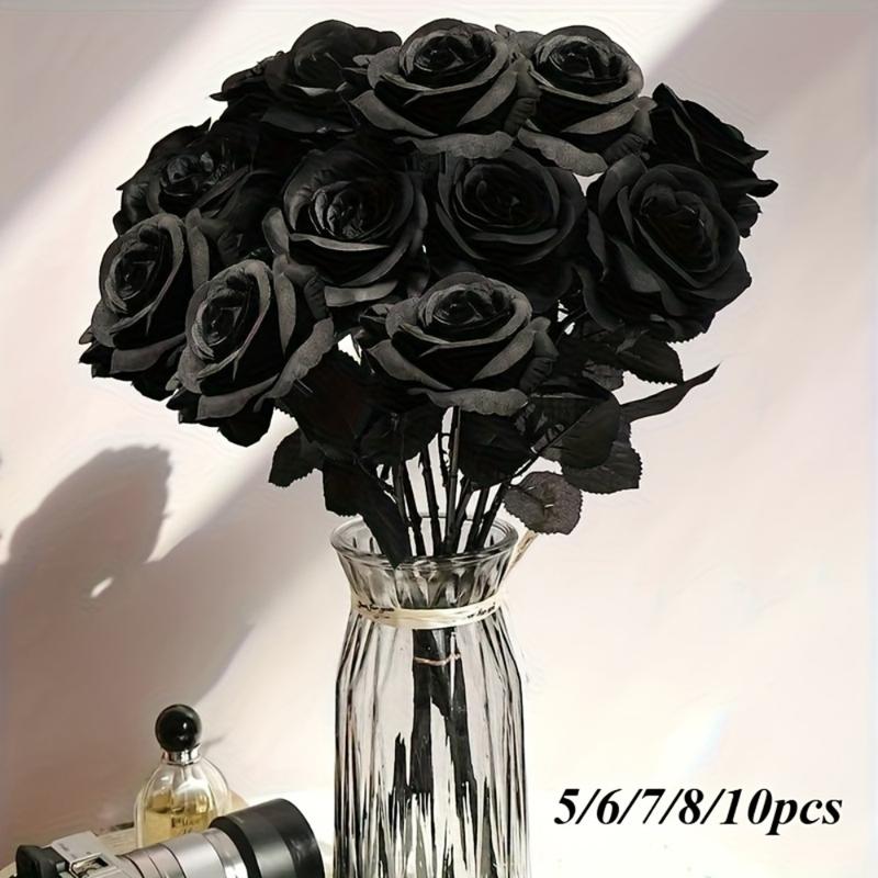 5pcs/10pcs Artificial Black Roses | Plastic Fake Flowers, Long Stem, for Halloween, Home Decor, Wedding Party, Gothic Goth Decor, Artificial Rose Bouquet