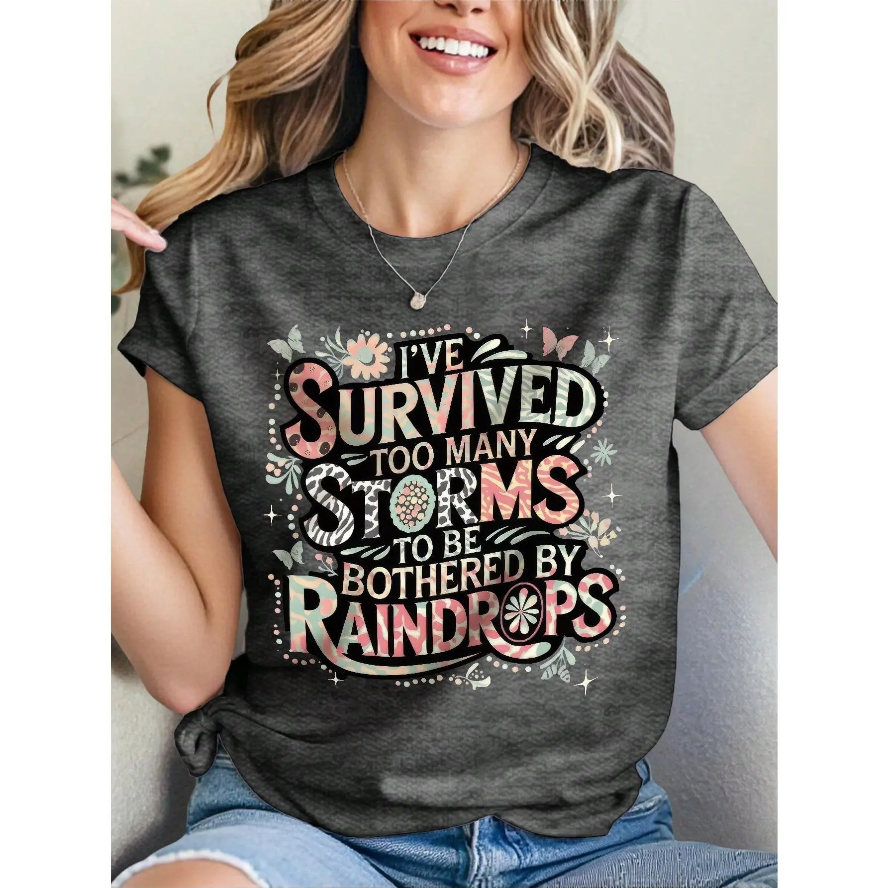 100% Cotton Women Round Neck Short Sleeve T-Shirt, I’ve Survived Too Many Storms To Be Bothered By Raindrops Pastel Leopard Zebra Floral Butterfly Graphic Loose Casual Tee, Inspirational Positive Quote Soft Breathable Summer Daily Wear Top Gift, Non-Washe