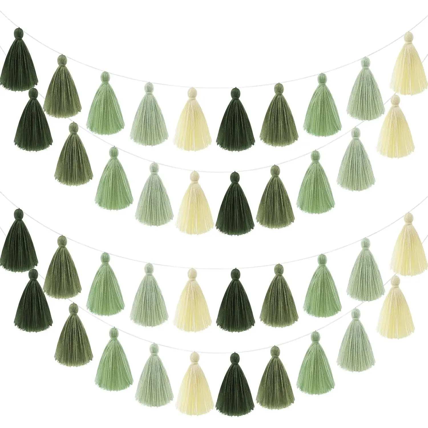4Pcs 3.1In Soft Cotton Sage Green Tassel Garland - 60" Length Reusable Decor Ornaments, Boho Pastel Banners for Classroom Wall, Dorm Party Backdrop Decor
