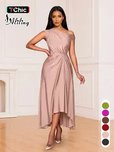 Aliling Elegant One Shoulder Midi Dress for Women, Summer Vacation Asymmetrical Pleated Hem Solid Bodycon Dress