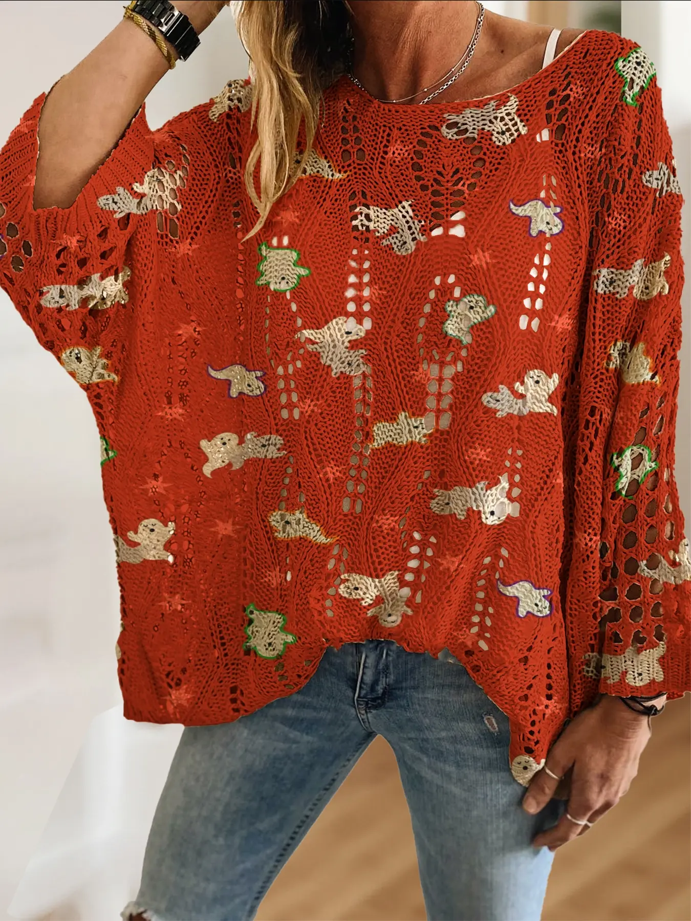 Women's Halloween Cartoon Pumpkin Ghost Print Long Sleeve Knit Top, Casual Elegant Vacation Style Sweater, Comfortable Breathable Women's Shirt