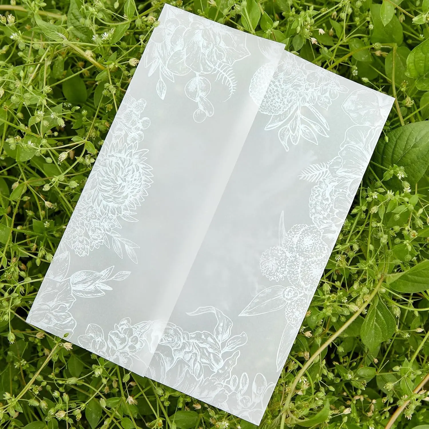 60 Sheets Pre-Folded White Floral Vellum Jackets for 5x7 Invitations, Translucent Invitation Sleeve Wraps Envelope Liners for Wedding Baby Shower Cards