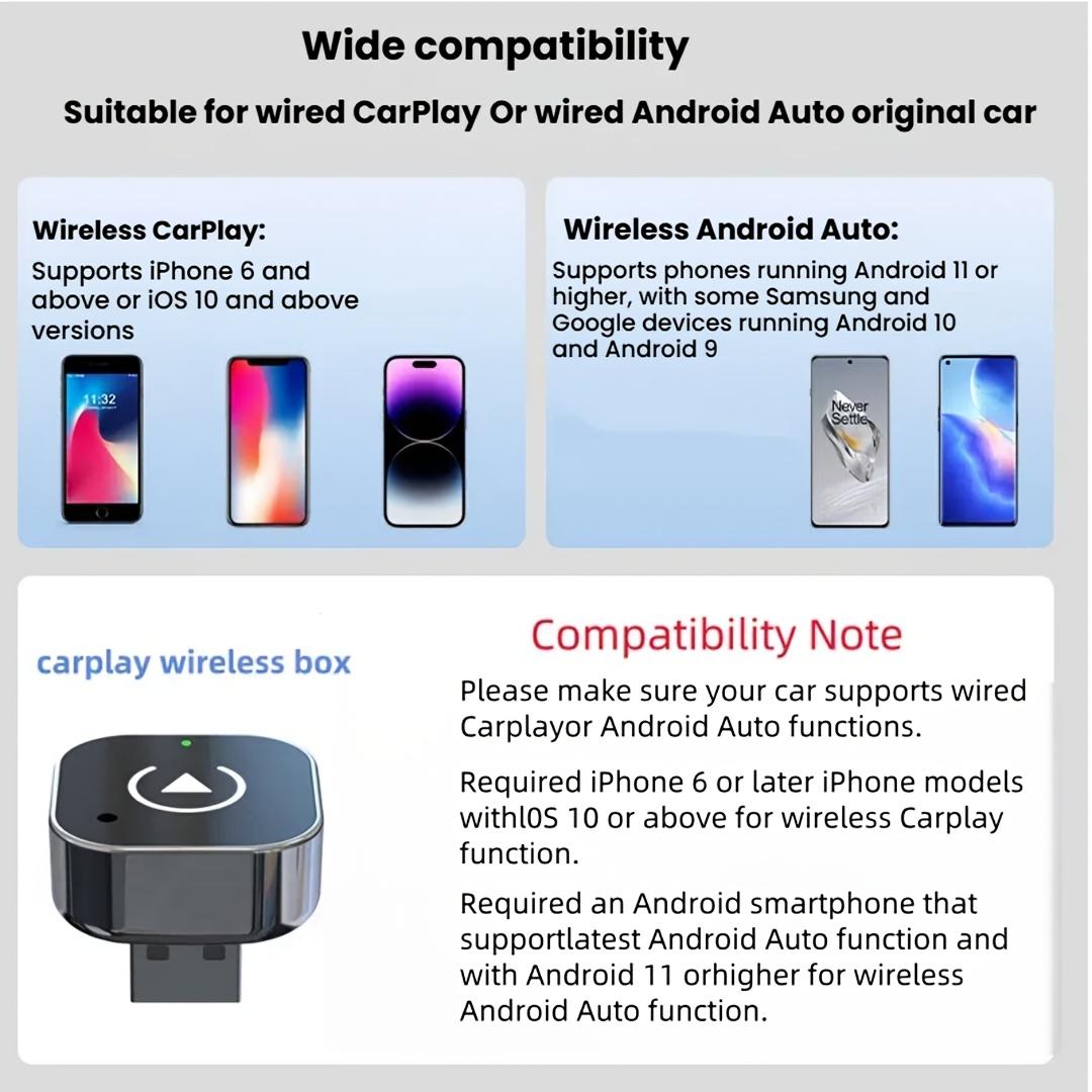 Wireless CarPlay Box for Android Auto and iOS - High-speed 5GHz WiFi, low latency, plug-and-play universal car adapter, supports OTA updates, compatible with most cars. wire apple carplay plug