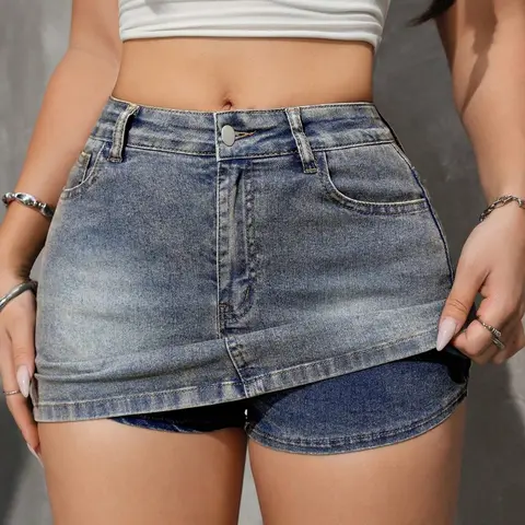 American Style Y2K Retro Washed Denim Skort, Women's High Waist Skort, Casual Sexy Mini Skirt, Slim-Fitting Bottoms, Egirl Skirts