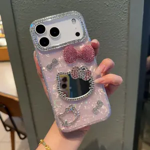 Premium KT Cat Mirror Shell Pattern Phone Case For iPhone 17 16 15 14 13 Pro Max Plus with Sparkling Bow Protective Case