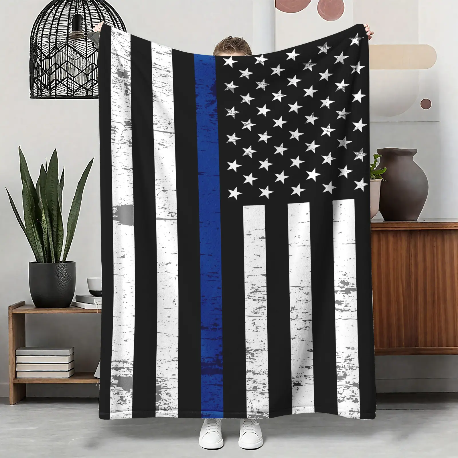 Thin Blue Line Fleece Flannel Throw Blanket - Wrinkle Resistant, Brushed Texture, Breathable, Light, Double-Sided - Police Memorial Tribute Gift for Officer Husband - Multi-Size Home Décor for Couch & Bed