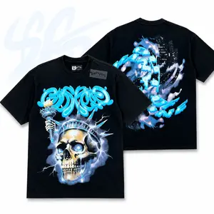 Godspeed Skeleton Liberty T Shirt Vintage Double Sided Graphic Printed Heavy Cotton Loose Tee for Men Women Unisex God Speed Casual Hip Hop Top Trendy Washed Black Summer Streetwear Clothes