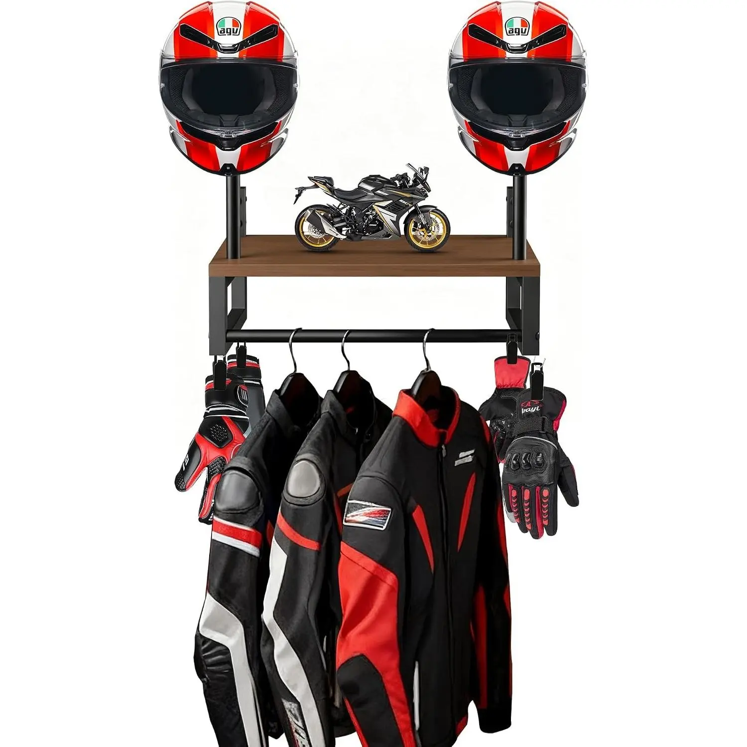 Motorcycle Helmet Holder Wall Mount, Motorcycle Gear Rack with 2 Hat Stands | Helmet Stand for Most Helmet and Clothes Sturdy, Construction Storage Organizer for Garages or Indoor