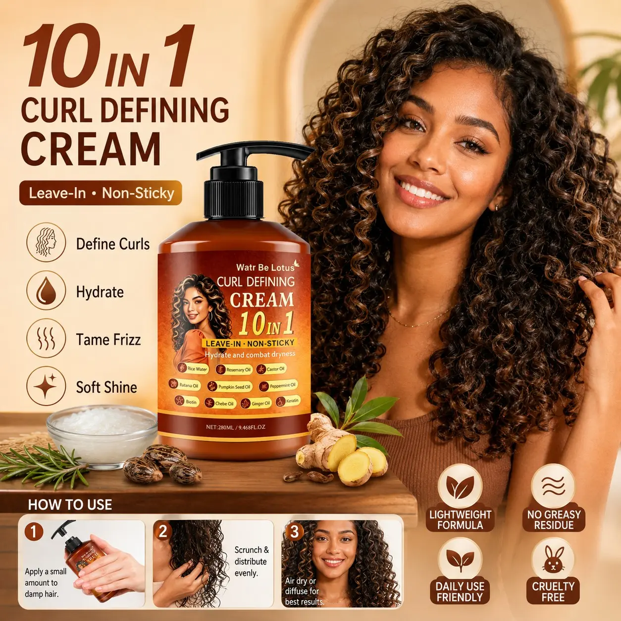 10-In-1 Curl Defining Care Cream 280ML, Defined Curls, Non-Toxic Beauty Cream for Curly Hair, Biotin Infused, Lightweight & Nontacky, Daily Use