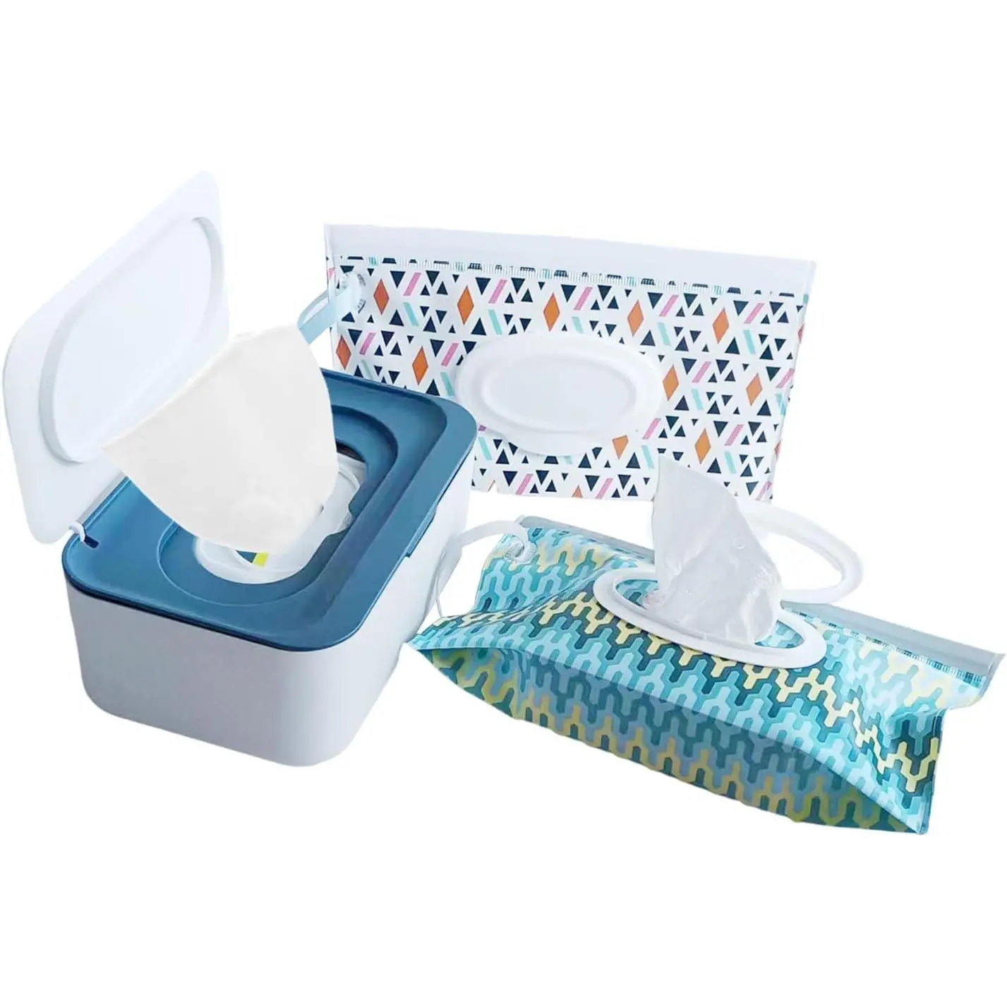Wipes Dispenser Set,1 Wipe Box & 2 Pouches,White Blue| Refillable Reusable Large Wet Wipe Holder, Flushable Wipes Case Wipes Container for Pet Nursery Office