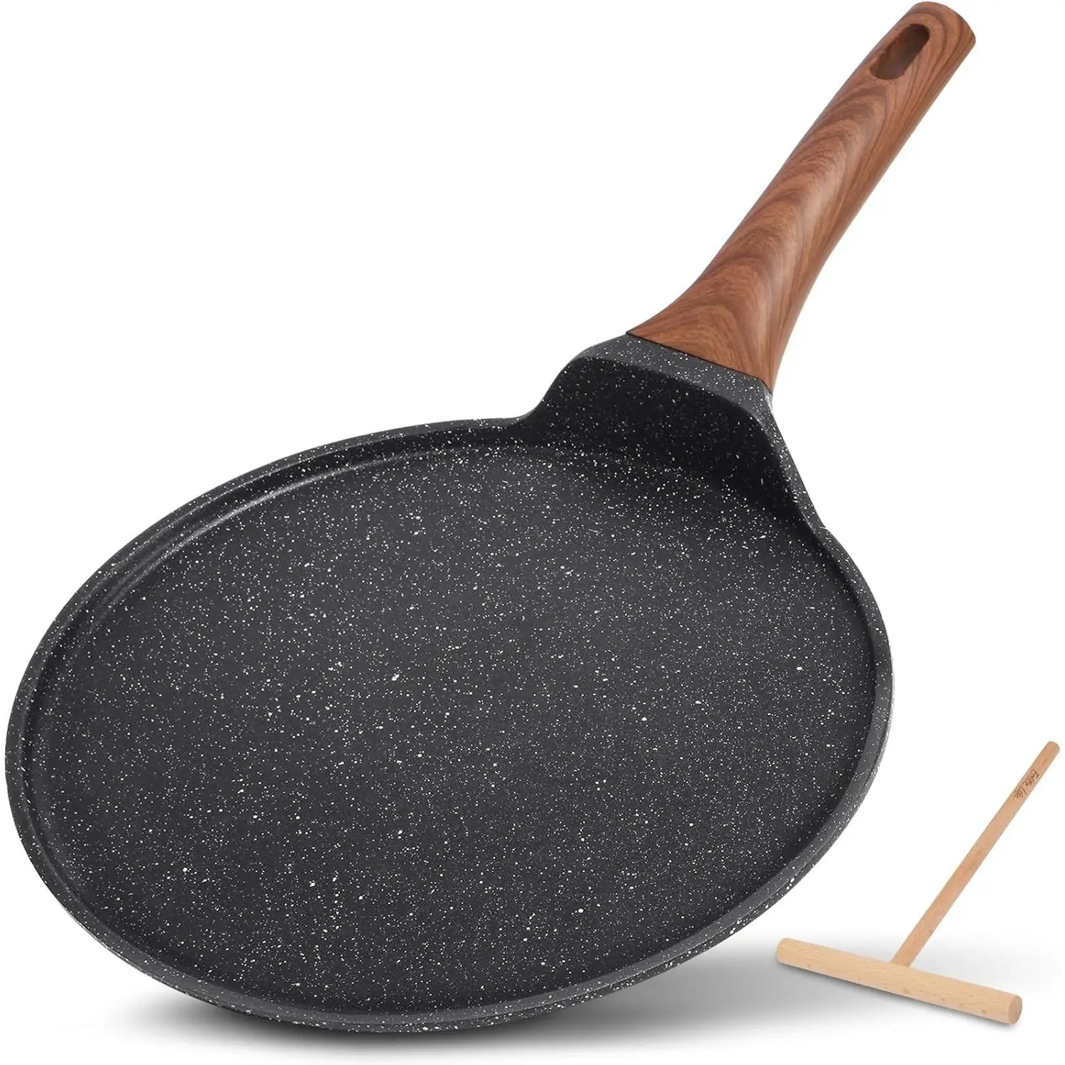 9.5 Inch Crepe Pan with Spreader, Nonstick Coating Dosa Pan, Roti Tawa Comal Para Tortillas Pancake Griddle Pan, Induction Compatible, Black