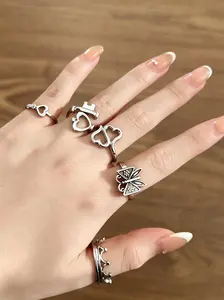 Women's Fashion Jewelry Set, Fashionable Jewelry, Heart Key Butterfly Design Rings, Dainty Stacking Rings, Stackable Rings, Adjustable Rings, Interlocked Stackable Rings, Interlocking Link Ring, Perfect Gift for Women &