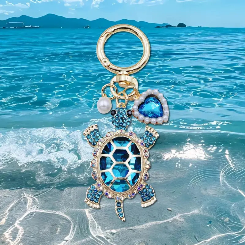 Women's Enameled Metal Acrylic Cutecore Ocean Turtle Keychain - Kawaii Accessories, Pearl-Accent Bag Charm Styling, Summer Beach Outfit Accent, Gifts for Women