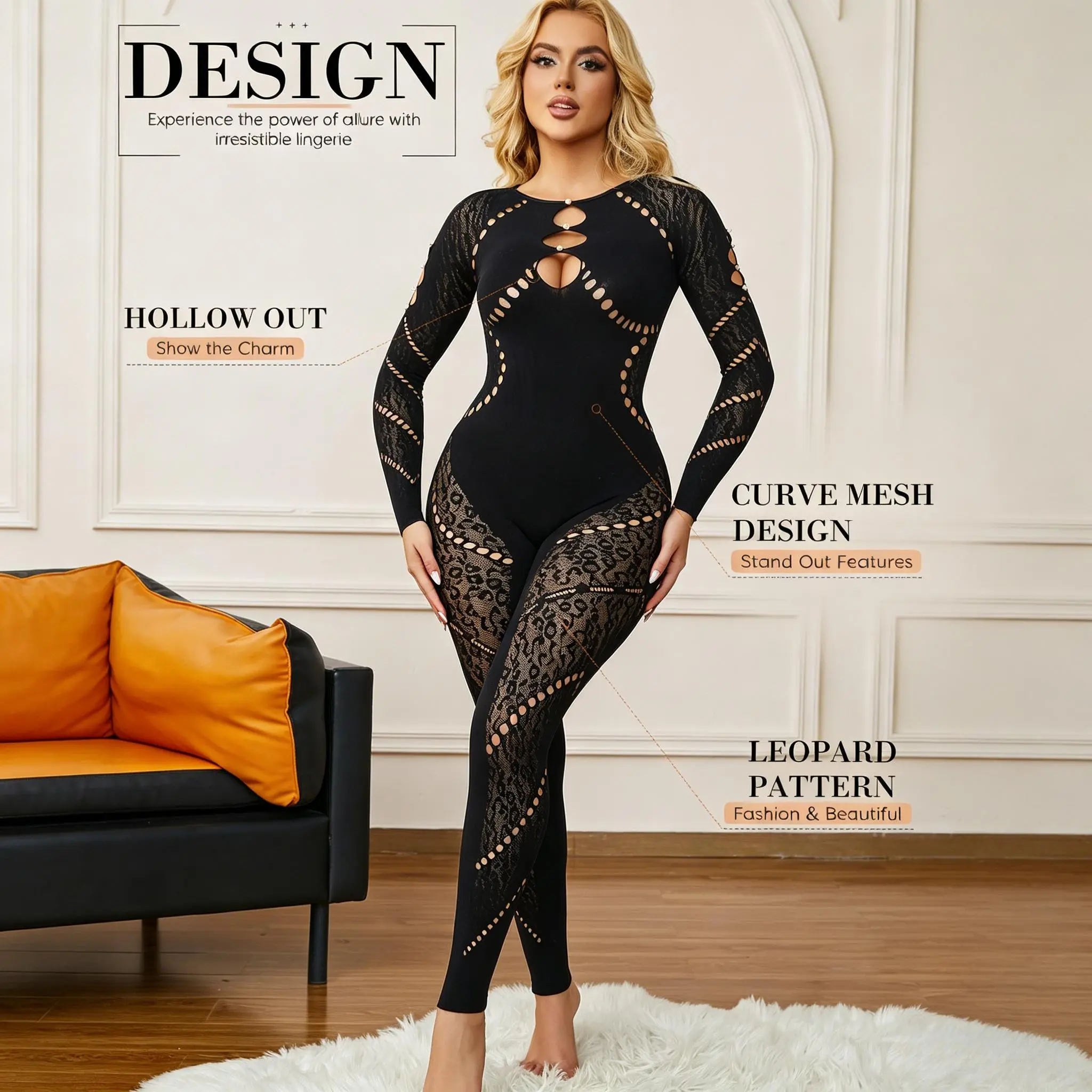 MUEE Women's Long Sleeve Geometric Wave Pattern Catsuit - Sexy High-Contrast Vibe, Lightweight Seamless Mesh, Run-Resistant Tech for Hourglass Effect, Festival Rave Wear, Cargo Pants, Costumes, Statement, Breathable, Knit, Polyamide