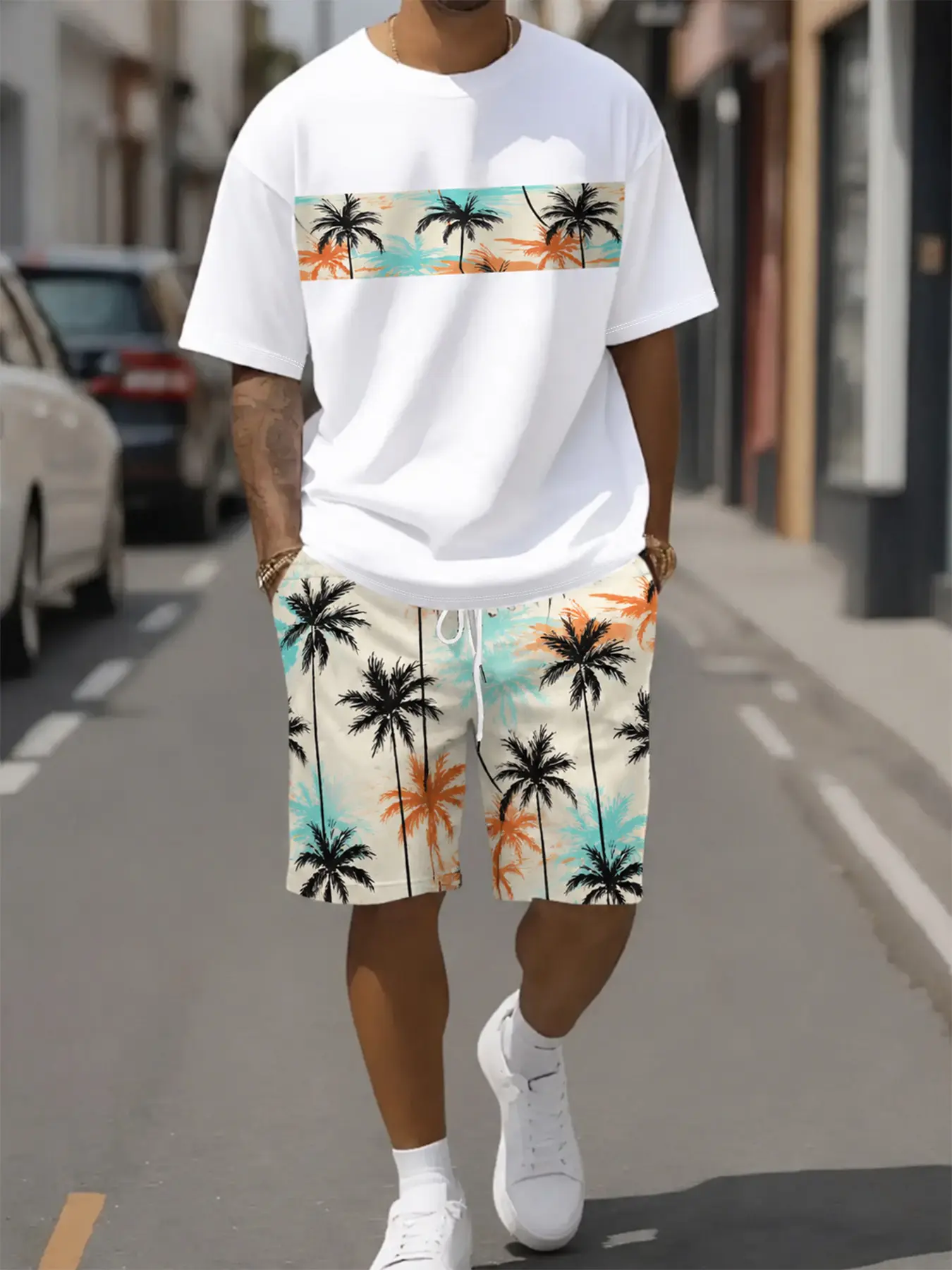 Men's Casual Short Sleeve Coconut Tree Letter T-Shirt and Beach Shorts Set, Matching Coconut Pattern, Summer Outdoor Vacation Wear