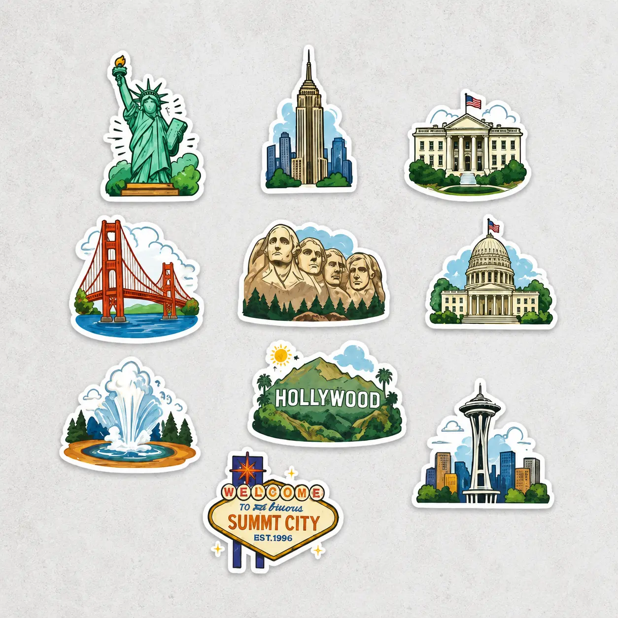 USA Landmark Travel Stickers, American Cities & National Parks Decal Pack, Statue of Liberty, Golden Gate Bridge, Hollywood, Yellowstone Vinyl Stickers