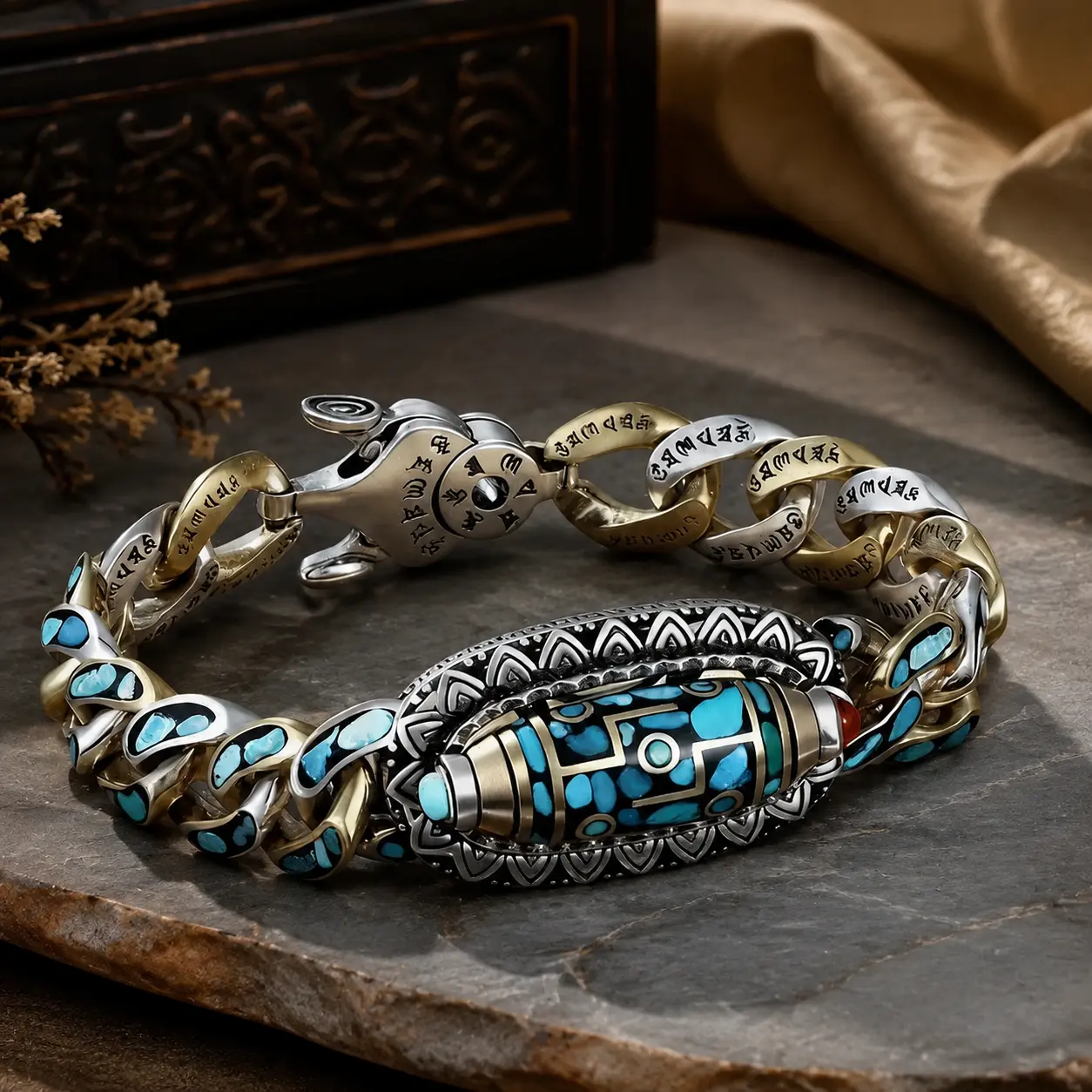 Men's Turquoise Dzi Bead Bracelet with Rotating Chain, Tibetan-Inspired Spiritual Jewelry, 6-Word Mantra Design, Gemstone Charm Bracelet, Unique Gift for Daily Wear & Meditation