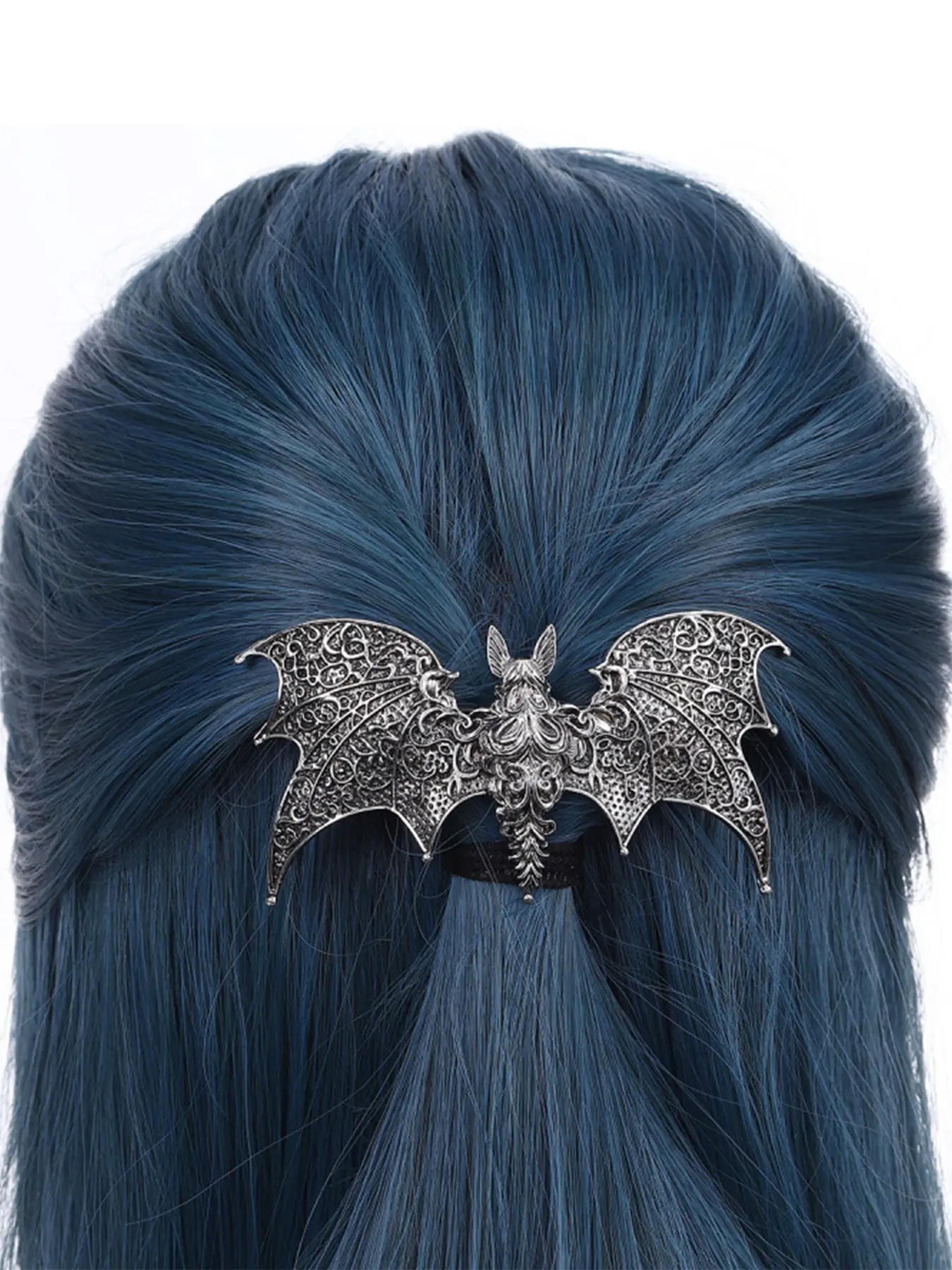 Vintage Filigree Bat Wing Hair Barrette, Antique Silver Alloy Dark Fairy Elf Hair Clip, Large Gothic Ponytail Holder, Intricate Carving Hair Accessory, Hair Decor w/ Halloween Cosplay, Dark Academia, Lolita Alt Fashion