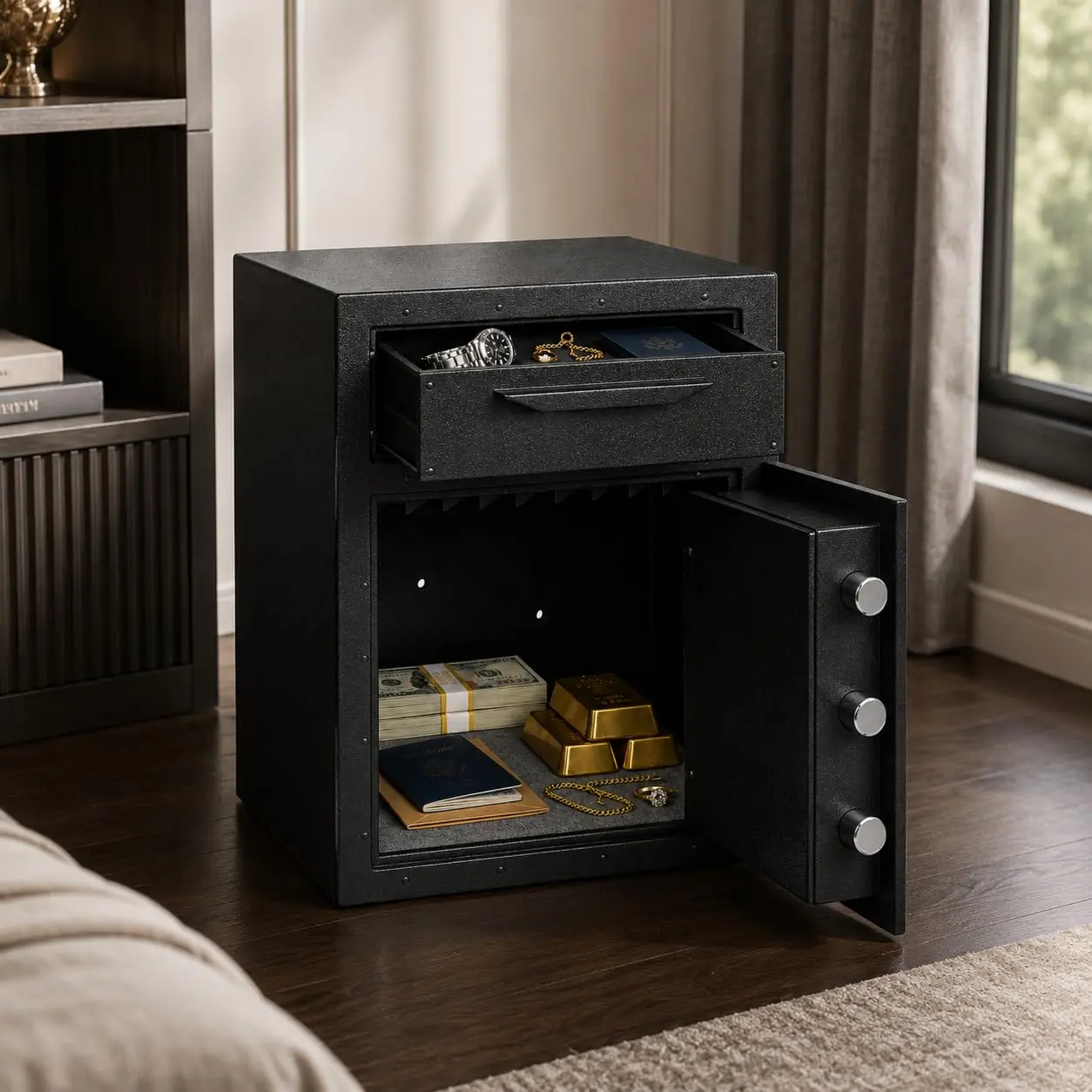 74L Large Security Safe - 2.6cu ft Steel Digital Cabinet for Home, Feet Security Safe with Digital Keypad, Removable Shelf, Alarm System, Protect Cash, Gold, Jewelry, Documents
