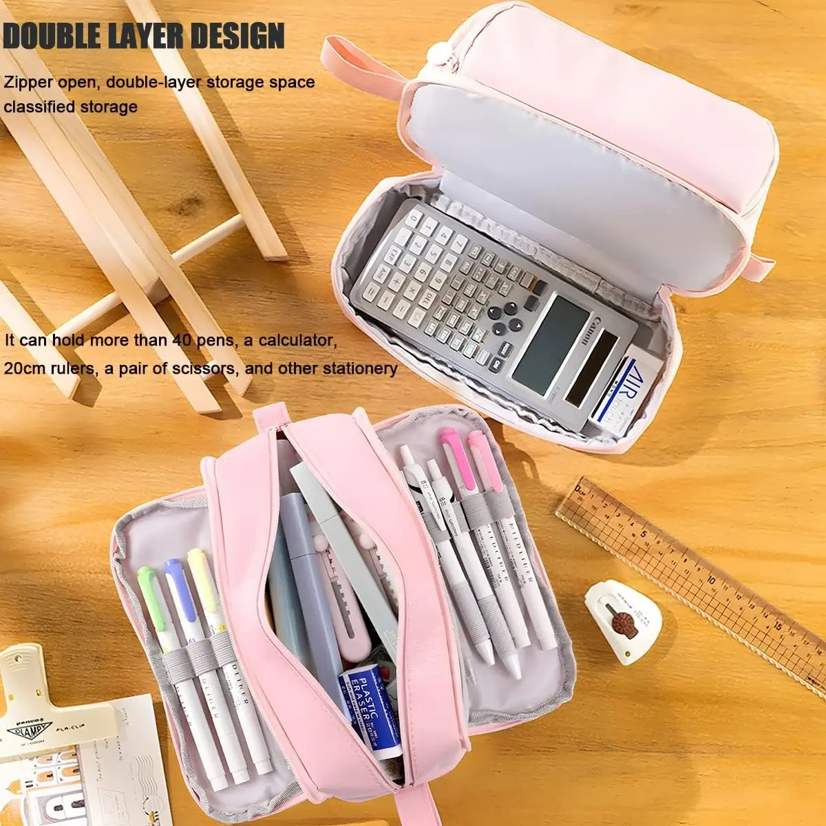 Large Capacity Pencil Case 4 Compartments, Zipper Portable Handle, Stationery Organizer for Office University Adults Teens Girls Boys Men Women