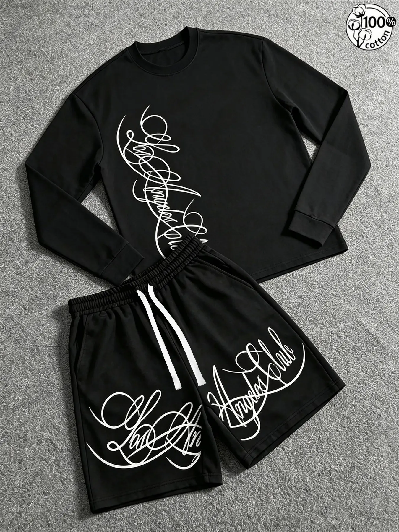 Unisex 100% Cotton Multi-Color Vertical Script Long Sleeve Tee & Shorts Set Chicano Streetwear Oversized Casual Two Piece Outfit Clothes