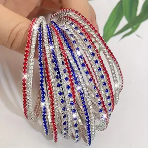 Lots 25pcs Independence Day USA Red White Blue Rhinestone Stretch Bracelets Set Women/ Men Silvery Plated Copper Elastic Exquisite Shiny Handmade Sparkling Rhinestone Multi-layer Bracelets Minimalist Vintage Stackable Wristband Bracelet Set Jewelry