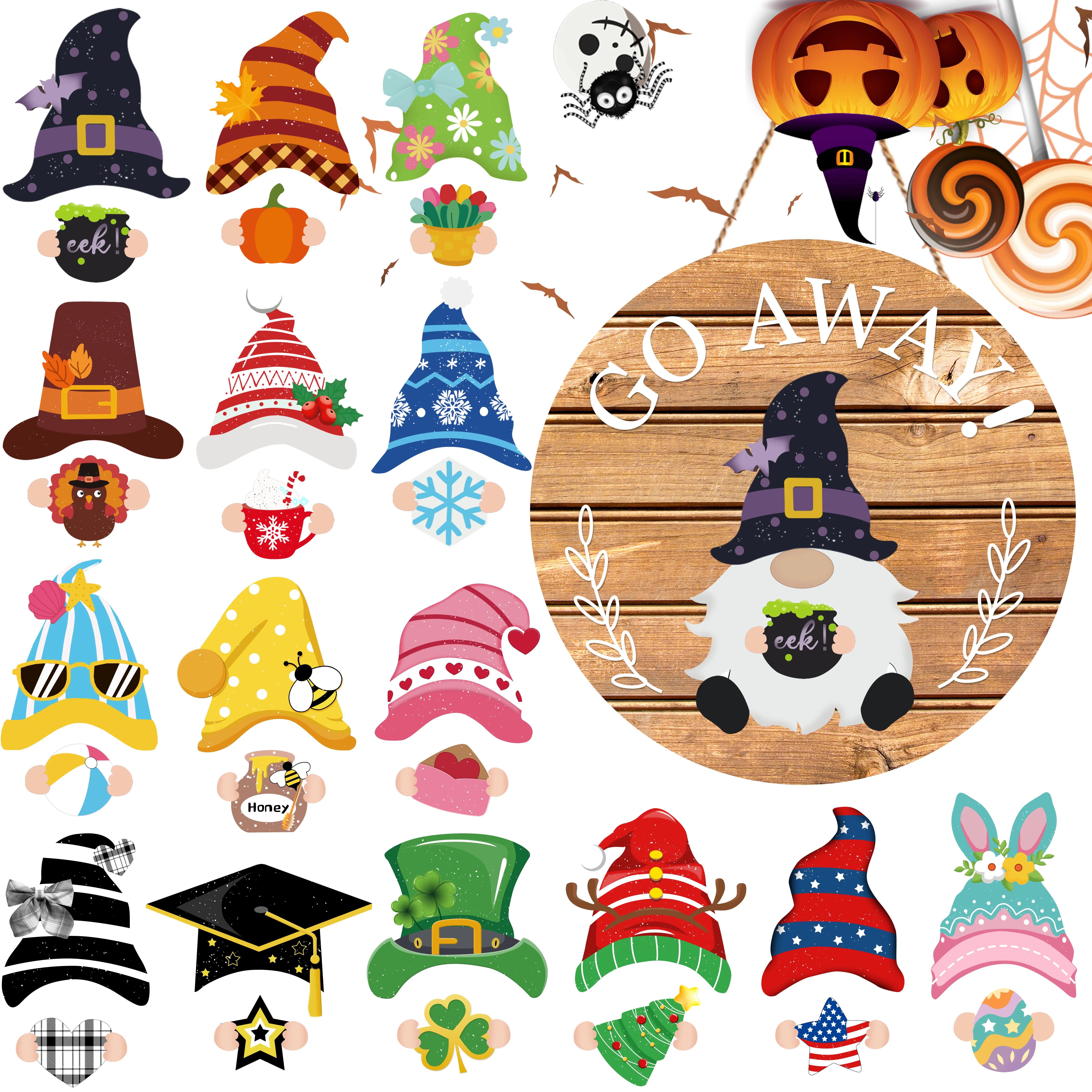 Interchangeable Gnome Door Hanger, GO AWAY Funny Magnetic Seasonal Wooden Front Door Sign, Reusable Holiday Gnome Porch Decor for Halloween Christmas Easter 4th of July