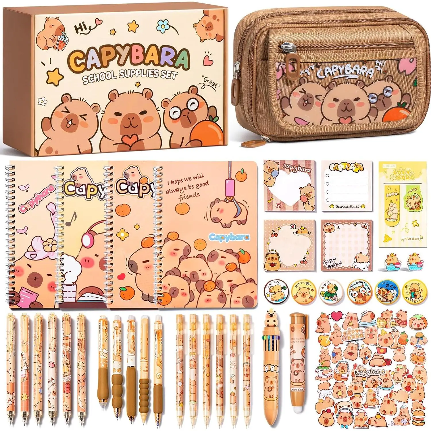 School Supplies for Girl  5 6 7 8-12 13 14 Year Old, 36 count Kawaii Tween Teen Girl  to School Gifts Capybara Stationery Set w/Pencil Case Gel Pen Pencil Sticker Notebook Sticky Note