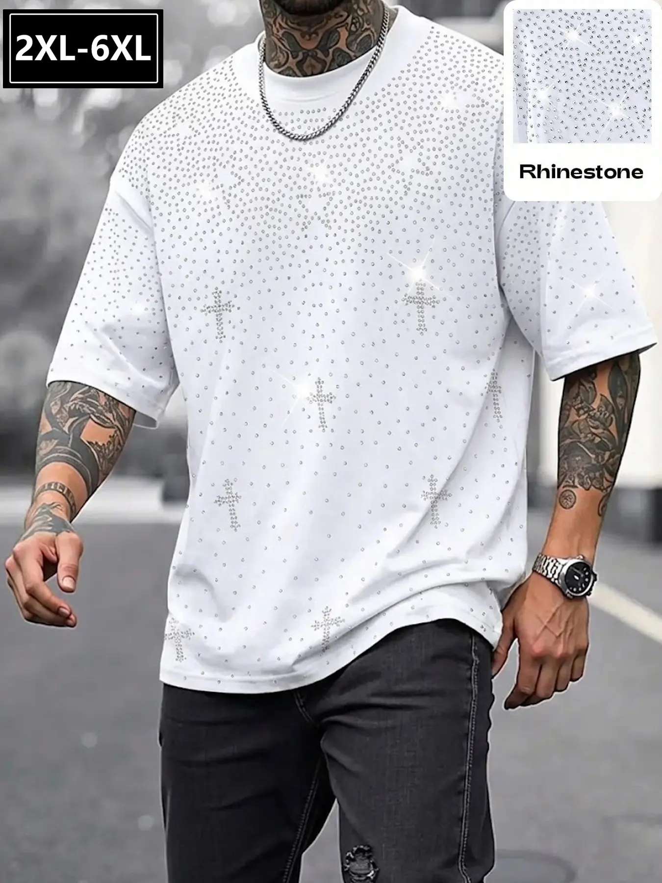 Men's Plus Size Retro Cross Necklace Short Sleeve T-Shirt, Classic Round Neck Loose Fit, Moisture-Wicking Fabric, All Seasons Wear