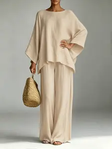 C0785 Must-Have Summer Boho Co-ord Set For Women Loose Batwing Sleeve Top With Irregular Asymmetrical Hem High Waist Wide Leg Pants Stylish Casual Matching Outfit For Everyday And Holiday Trips.