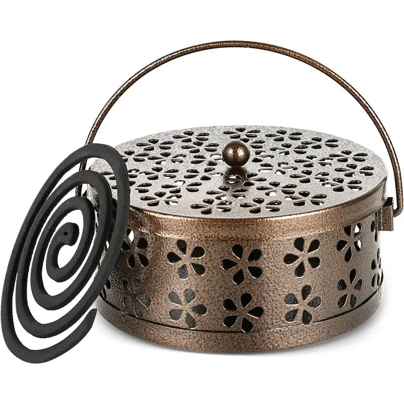 Portable Iron Mosquito Coil Holder with Handle, Bronze |   Round Heat-Resistant Incense Holder, Practical for Home, Offic and Outdoor Use